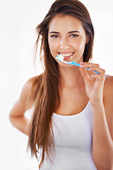 Image showing Smile, health and portrait of woman with toothbrush for dental, wellness and clean routine for hygiene. Oral care, happy and young female person with toothpaste for dentistry teeth or mouth treatment