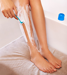Image showing Closeup, home and woman shaving legs, skincare and hair removal with luxury and aesthetic. Person, feet or girl with razor and cream with wellness or healthy skin with cosmetics, glow or dermatology