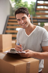 Image showing Man, boxes and portrait with clipboard for moving, delivery and documents for logistics, smile and invoice. Person, cardboard and package with paperwork for service, signature and stock in new house