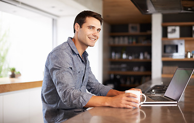 Image showing Home, coffee or man on laptop thinking of research, article post ideas or networking for remote work. Email, drinking tea or person on typing online on technology for digital blog or news on website