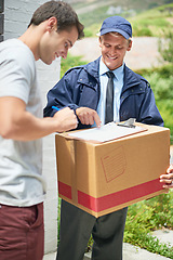 Image showing Courier man, customer and sign with clipboard for box, reading and document for delivery, invoice and tax. Person, cardboard and package with paperwork for service, signature or stock in supply chain
