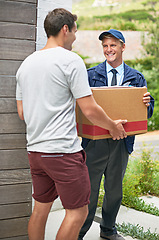 Image showing Courier man, customer and box for service at house reading and happy for delivery, shipping and outdoor. Person, cardboard and package with paperwork for giving, distribution or stock in supply chain