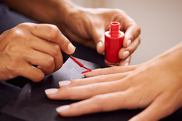 Image showing Nail polish, manicure and hands of woman with red color for salon treatment, cosmetics and pamper. Luxury spa, beautician and person painting nails for grooming service, beauty aesthetic and wellness