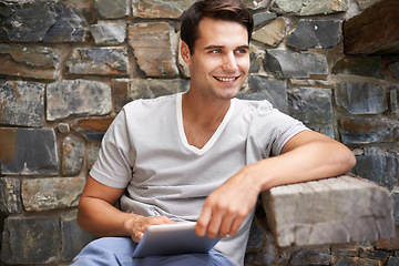 Image showing Tablet, thinking and happy man at restaurant outdoor with web, menu or checking food, order or options. Digital, app and male person at cafe with customer experience survey, review or online feedback