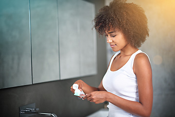 Image showing Black woman, toothpaste and toothbrush for teeth whitening in bathroom, dental health and self care for fresh breathe. Orthodontics, oral hygiene and morning routine with habit for grooming at home