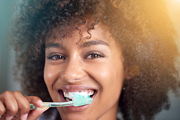 Image showing Black woman, portrait and toothbrush for teeth cleaning in bathroom, dental health and self care closeup for fresh breathe. Orthodontics, oral hygiene and morning routine with toothpaste at home