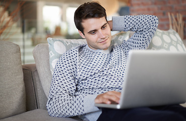 Image showing Relax, research or businessman on laptop for remote work, article post or networking on couch. Download, smile or happy person on sofa typing online on technology for update, email or news in home
