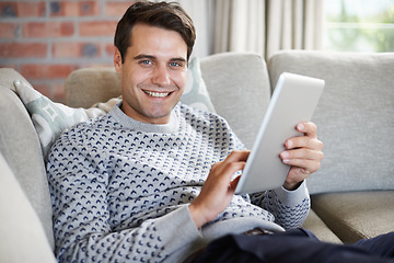 Image showing Relax, research or portrait of happy man on tablet for social media blog, post or networking on sofa. Streaming, movie or person online for planning or technology for article, email or news in home