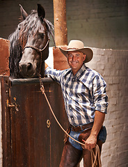 Image showing Cowboy, man and horse by gate for portrait with care, growth and development with smile, ranch and countryside. Person, animal or pet with love, connection and bonding for wellness at stable in Texas