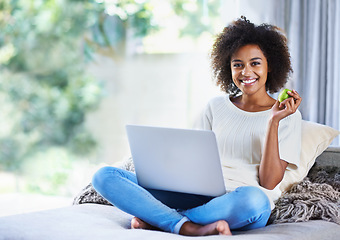 Image showing Apple, mockup and portrait of woman on sofa with laptop for social media, lifestyle blog and food website at home. Happy female person, technology or fruit for nutrition, healthy diet or clean eating