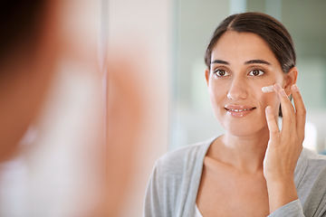 Image showing Woman, mirror and cream for skincare in home with smile, thinking for choice, health and cosmetics product. Girl, person and happy with lotion for facial skin with beauty, results or wellness benefit