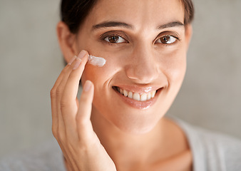 Image showing Woman, portrait and skincare cream in morning with smile, face or pride for choice with cosmetics product. Girl, person and happy in house for facial skin with beauty, results and wellness benefit