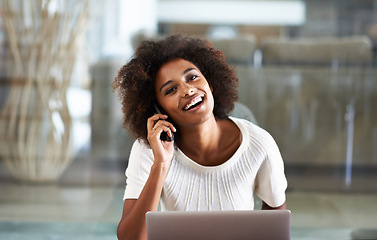 Image showing Portrait, home and black woman with phone call, laptop or remote work with freelancer or connection. African person, employee or entrepreneur with computer or smartphone with copywriting or internet
