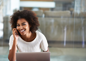 Image showing Portrait, remote work or black woman with phone call, pc or home with entrepreneur or communication. African person, smile or freelancer with laptop or cellphone with copywriting, contact or internet