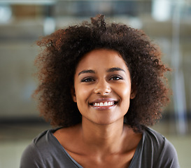 Image showing Portrait, smile and afro with black woman in home to relax on weekend for morning free time. Face, girl and natural with happy young person in casual clothing at apartment for break or resting