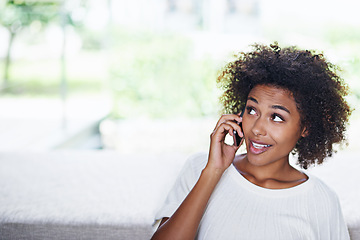 Image showing Face, surprise phone call and black woman in living room of home with space for communication or networking. Contact, news and reaction with expression of young person talking on mobile in apartment