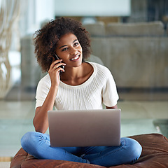 Image showing Remote work from home and black woman with phone call, laptop or copywriting with entrepreneur or connection. African person, apartment or freelancer with computer or cellphone with internet or idea