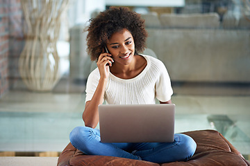 Image showing Remote work, phone call and black woman with laptop, home and communication in a living room. African person, freelancer and entrepreneur with computer and startup with graphic designer and cellphone