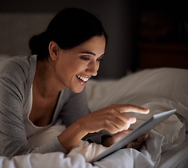 Image showing Bedroom, social media and woman with smile for tablet, chatting and texting on site for dating. Bed, female person and girl with technology for reading ebook to relax and online with internet on app