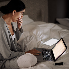 Image showing House, bedroom and yawn from woman with laptop for writing novel on site for ebook. Night, female person and girl tired from editing novel with digital devices of tablet and technology of phone