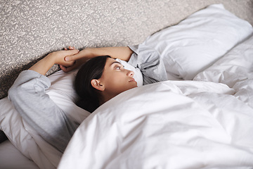 Image showing Peace, wake up and woman thinking in a bed with comfort, relax or resting in her home. Sleep, calm and female person in a bedroom with morning, chilling or enjoying a quiet, break or nap in a house