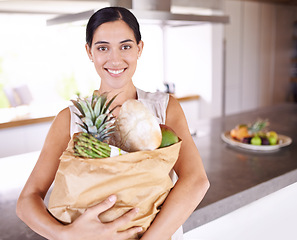 Image showing Groceries, bag and portrait of woman with healthy food in kitchen for nutrition, diet or cooking in home. Happy, wellness and person with a smile for fruits, vegetables and eating with balance