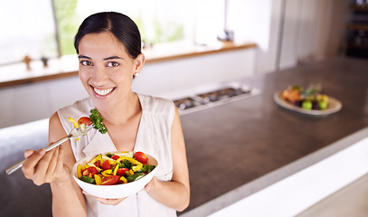 Image showing Eating, salad and portrait of woman in kitchen with healthy food for lunch with nutrition in diet. Happy, wellness and hungry vegan person with a smile for fruits, vegetables or benefits to digestion