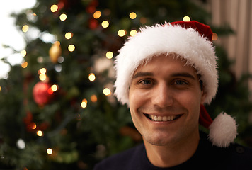 Image showing Portrait, house and smile on man with hat for Christmas in living room with tree for celebration. Apartment, happiness and male person with joy in family home for tradition and vacation for holiday