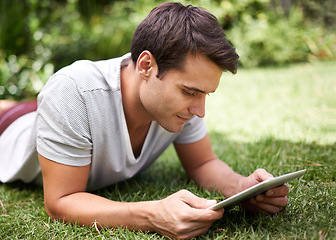 Image showing Man, tablet and garden reading or relax connection fr browsing social media on weekend, subscription or online. Male person, backyard and nature rest with ebook for entertainment, search or internet