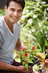 Image showing Portrait, man or plant to relax, gardening or horticulture in landscaping, spring or backyard. Male gardener, healthy seedling or floral care for natural, sustainable living or carbon capture