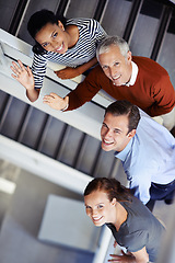 Image showing Portrait, stairs and business people with teamwork, group and collaboration with diversity. Multiracial, staff and employees with cooperation and steps with PR consultant and agency with startup