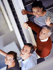 Image showing Portrait, stairs and business people with teamwork, smile and cooperation with project and PR consultant. Group, staff and steps with employees and collaboration with creative agency and happiness