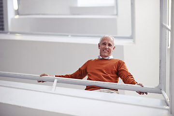 Image showing Low angle, business and portrait with old man, stairs and creative agency with professional and PR agency. Face, mature person or employee with happiness and entrepreneur with steps, smile or startup