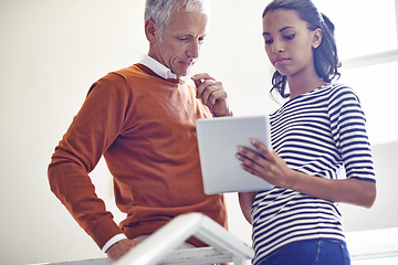 Image showing Business people, building and tablet at staircase for teamwork, collaboration or thinking with manager. Professional employees, idea and technology for planning, discussion and consulting on feedback