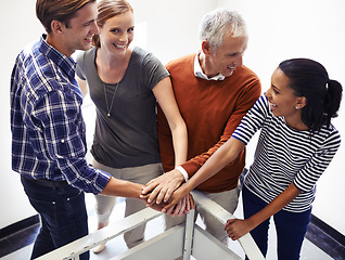 Image showing Portrait, people or hand for diversity, unity or collaboration for trust, motivation and networking. Team, huddle and smile for teamwork, participation and inclusion for employee support in office