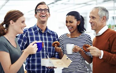 Image showing Business people, doughnut and group with coffee, funny and conversation with humor and smile. Joke, startup and employees with sweet treat and morning tee with laughing and professional with a snack