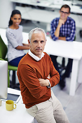 Image showing Portrait, manager and business man in workplace with arms crossed for confidence, startup and entrepreneur. CEO, leadership and group of people in office for collaboration, planning and teamwork