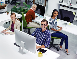 Image showing Business people, portrait and diversity in partnership at computer in office, collaboration and plan. Coworkers, unity and support for project or proposal, report and website for research at agency