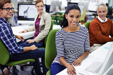 Image showing Business people, portrait and diversity in teamwork at computer in office, collaboration and planning. Coworkers, unity and support for project or proposal, report and website for research at agency