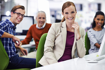 Image showing Business people, portrait and collaboration in office, team and support in work environment. Employees, unity and planning together in coworking space, project and partnership for startup company