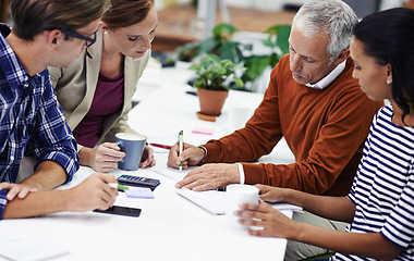 Image showing Diverse group, coworker and writing with teamwork for strategy on planning, project and ideas as accountant in office. Leader, collaboration and notes with calculation for business and finance