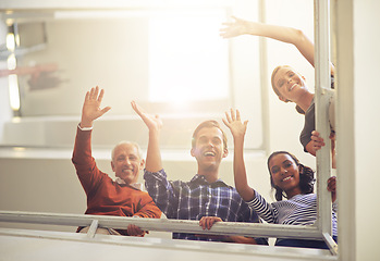 Image showing Portrait, stairs and business people with wave, teamwork and lens flare with sunshine and cooperation. Face, staff and group with collaboration or steps with professional or PR consultant with agency