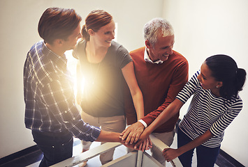 Image showing Lens flare, people or hand for diversity, unity or hope in collaboration, trust and motivation. Team, huddle and smile for teamwork, gender equality and inclusion for employee engagement in office