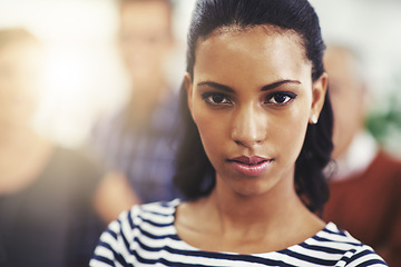 Image showing Portrait, sunshine and business with black woman, office and team with PR agency and consultant. Face, African person and employee in workplace and startup with creative company, editor or journalist