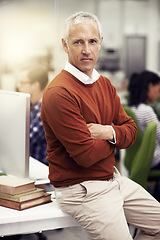 Image showing Leader, portrait and senior businessman with arms crossed in office with confidence, pride or business success. Face, mindset or executive proud of company, growth or productivity in busy workspace