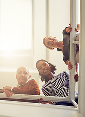 Image showing Man and women, colleagues and bottom view with smile, business people and looking at stairs. Professional team, diversity and standing for break, flare and conversation in workplace or office