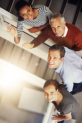 Image showing Portrait, stairs and business people with teamwork, sunshine and collaboration with diversity and PR consultant. Lens flare, group and employees with cooperation or steps with agency, wave or startup