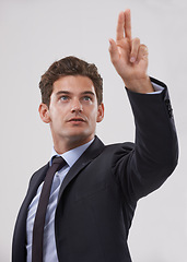 Image showing Corporate, man and touching a digital interface in studio on white background for company research and ideas. Entrepreneur, male person and click for user experience with transformation technology