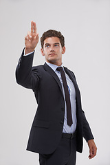 Image showing Entrepreneur, man and click a digital interface in studio on white background for company research and ideas. Business, male person and touch with user experience for information and innovation