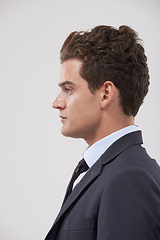 Image showing Face profile, thinking and business man with idea isolated on a white studio background. Side view, vision or serious professional with decision for problem solving, dream or salesman planning future